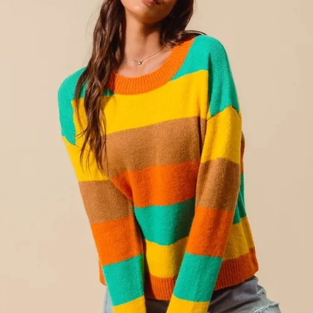 SO ME Multi‎ Color Stripe Sweater with Ribbed Detail